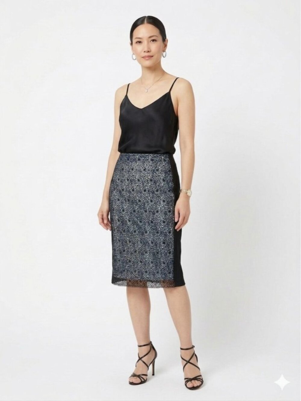Marc Cain Pencil Skirt 10 Lace Overlay Black Blue Back Sposed Zip